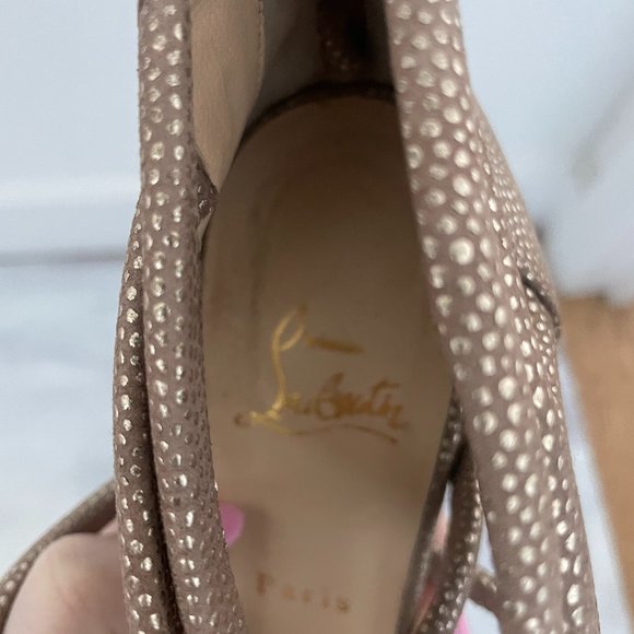 Christian Louboutin Gold/Brown Textured Suede Open-Toe Strappy Cage Sandals - Picture 3 of 12